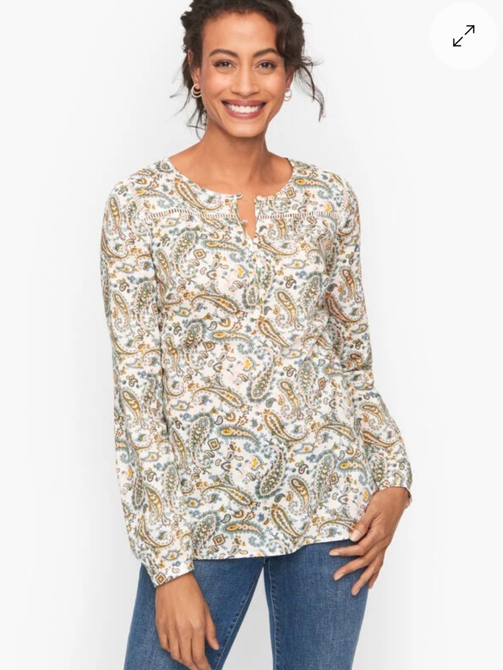 Talbots White Paisley Split-Neck Blouse with Beige and Green Accents Size Small